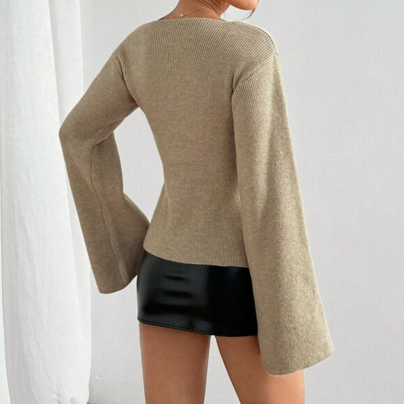 Tan Casual Women's Waist Slim Fit Double Button Placket knit Cardigan - Picture 2 of 7